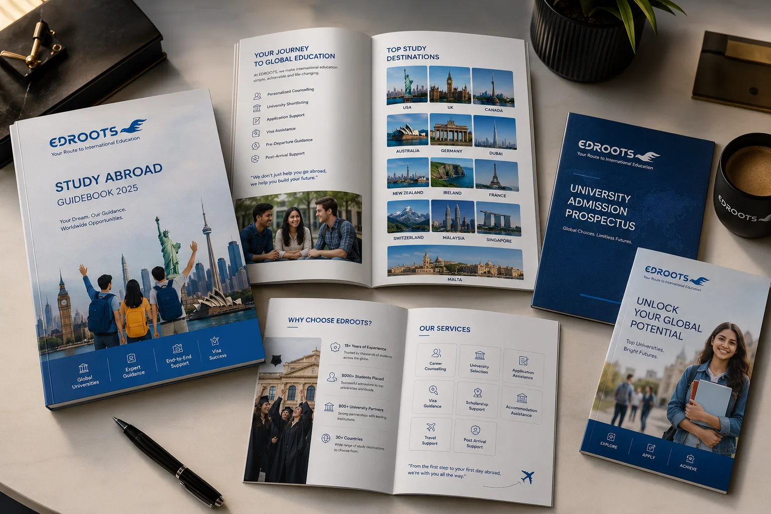 Study abroad promotional materials on desk