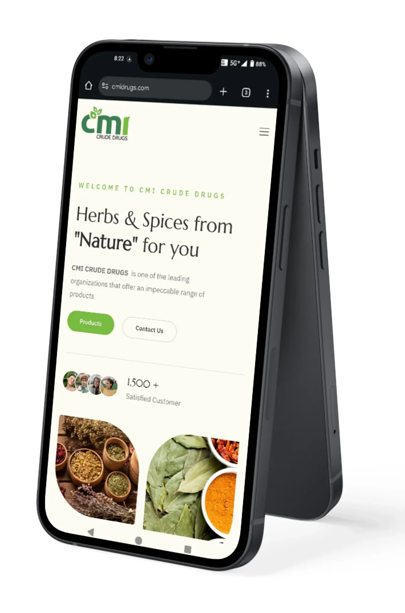 CMI Crude Drugs Ayurvedic branding and website on mobile by Rainhopes