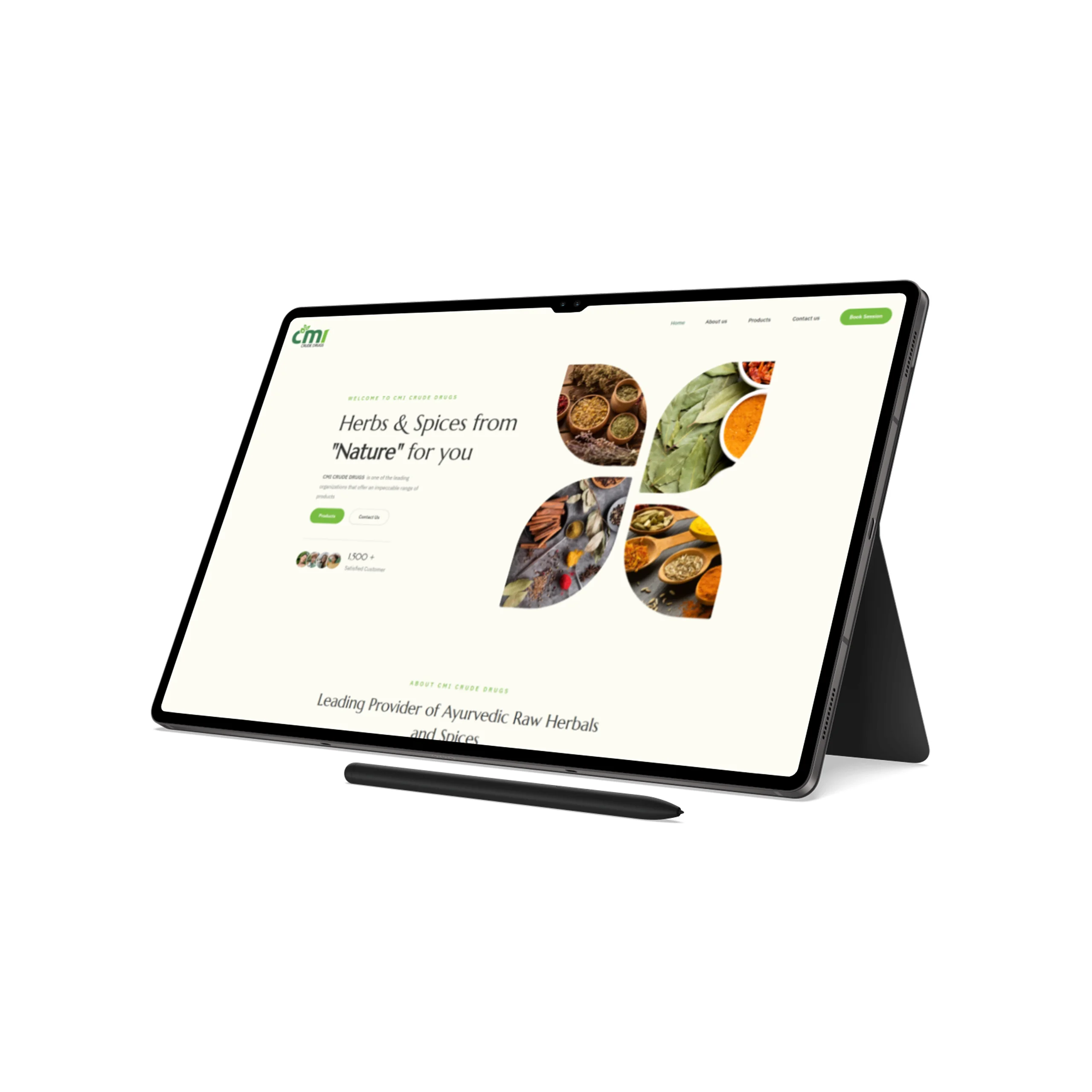 CMI Crude Drugs Ayurvedic branding and website on tablet by Rainhopes