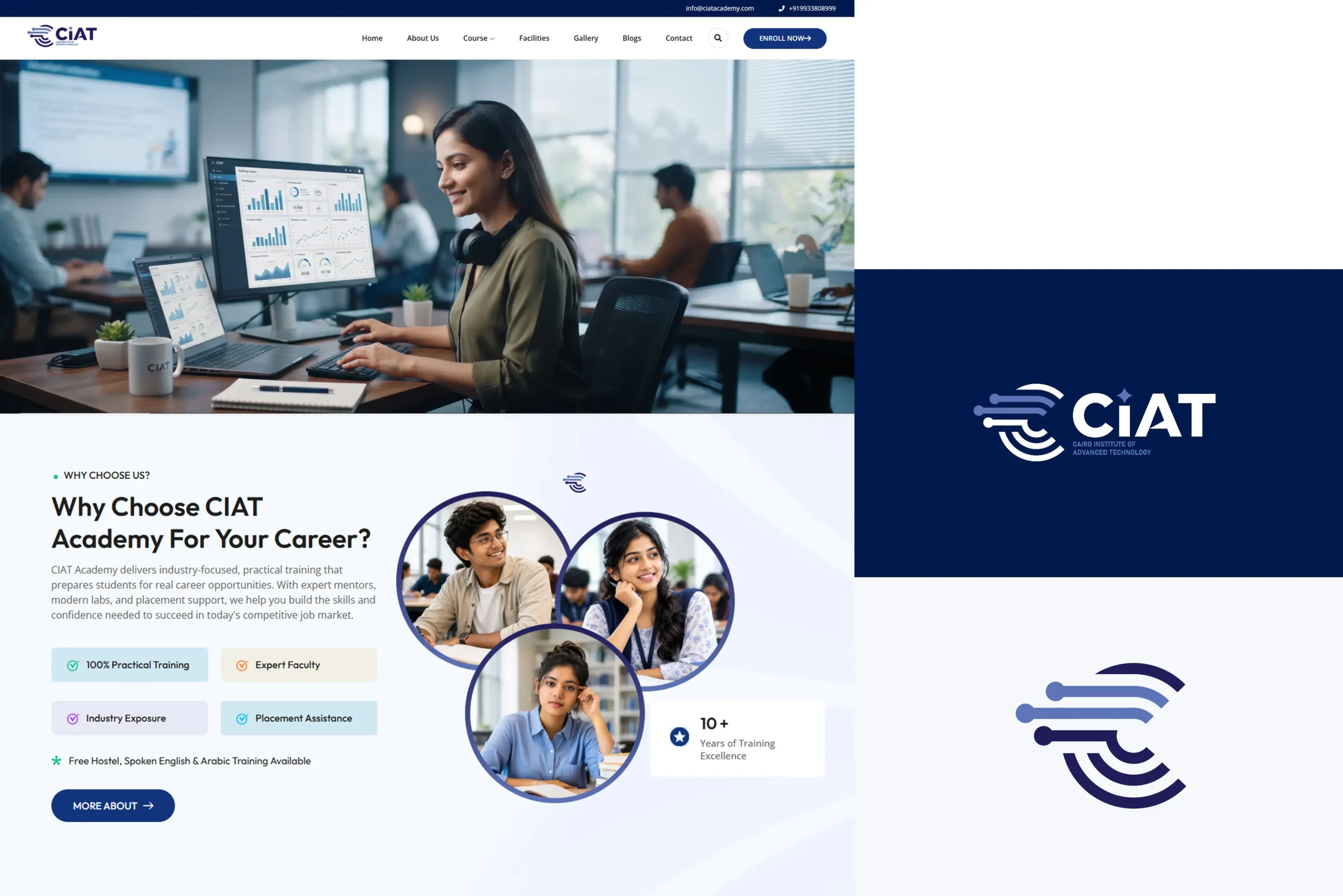 CIAT Academy website homepage design showing hero section with student using data dashboard, "Why Choose CIAT Academy" features section, and CIAT logo branding in navy blue and white